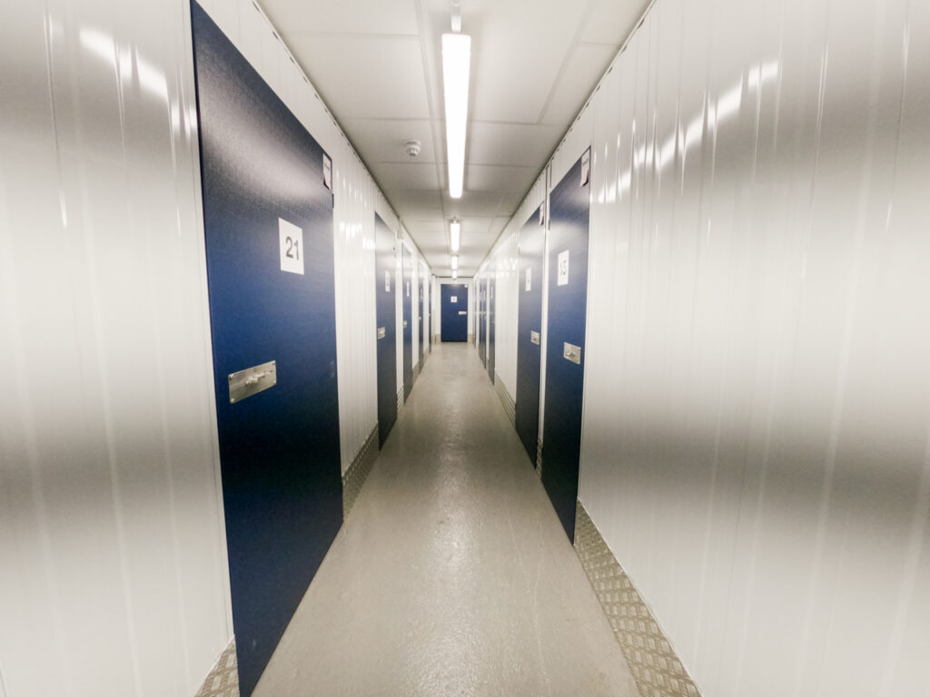 Corridor of indoor storage units at Clark & Rose